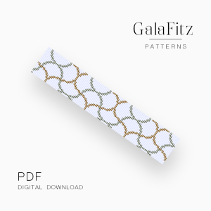 Moroccan trellis loom bracelet pattern with sage green and beige geometric lattice on a light background.