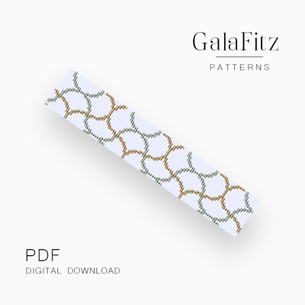Moroccan trellis loom bracelet pattern with sage green and beige geometric lattice on a light background.