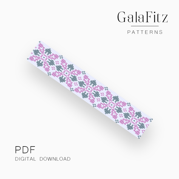 White pink and gray floral loom bracelet pattern with repeating rounded motifs and delicate geometric details