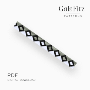 Black chain link bead loom bracelet pattern on a sage green and white background.