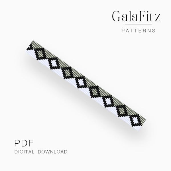 Black chain link bead loom bracelet pattern on a sage green and white background.