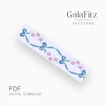 Sweet floral loom bracelet pattern with pink flowers, blue-green details, and tiny bow-like motifs on a white background