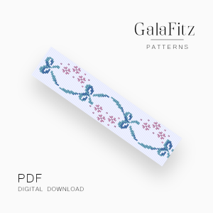 Sweet floral loom bracelet pattern with pink flowers, blue-green details, and tiny bow-like motifs on a white background