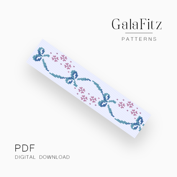 Sweet floral loom bracelet pattern with pink flowers, blue-green details, and tiny bow-like motifs on a white background