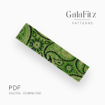 Green paisley motifs with black outlines and beige accents in a peyote bracelet pattern.