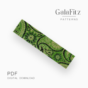 Green paisley motifs with black outlines and beige accents in a peyote bracelet pattern.