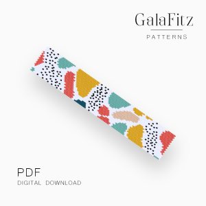 Colorful abstract spots peyote bracelet pattern with red, turquoise, yellow and beige accents on a white background