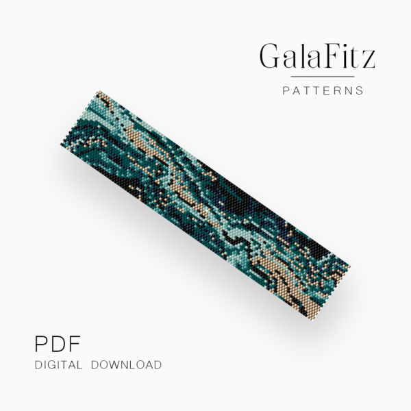 Abstract gold-infused blue marble peyote stitch pattern