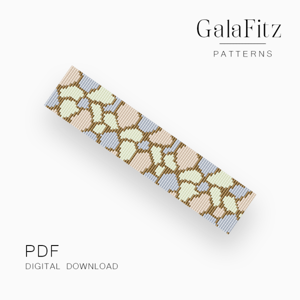 Pastel pebble loom bracelet pattern with rounded cream, pale green, blue, and warm brown shapes.