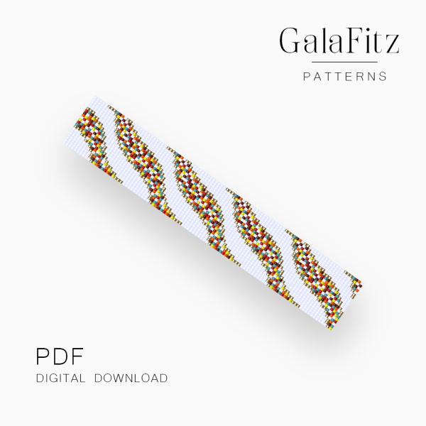 Colorful loom bracelet pattern with flowing waves in red, orange, yellow, turquoise, blue, and gold.