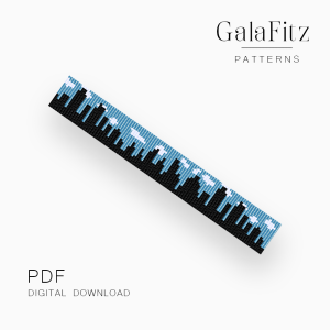 Black city skyline with blue sky and white clouds loom bracelet pattern.