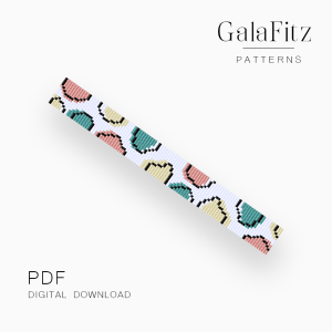 Pastel pink, teal and pale yellow retro shapes with black outlines on a white loom bracelet bead pattern