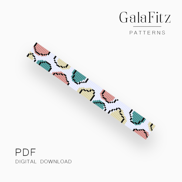 Pastel pink, teal and pale yellow retro shapes with black outlines on a white loom bracelet bead pattern