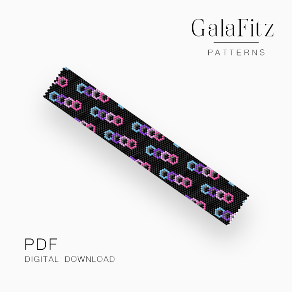 Pastel chain link peyote bracelet pattern in blue, purple, pink, and white for even and odd count peyote.