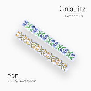 Delicate branch loom bracelet with blue cornflower-like blooms and a second muted yellow floral colorway on white