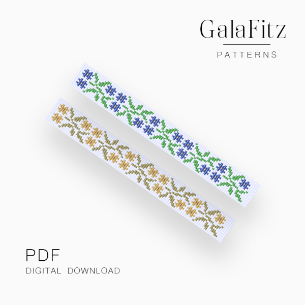 Delicate branch loom bracelet with blue cornflower-like blooms and a second muted yellow floral colorway on white