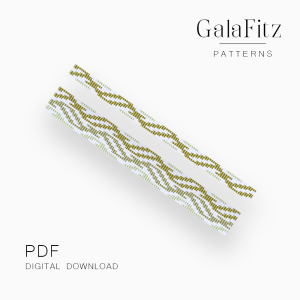 Loom bracelet pattern with olive green and gold wavy lines on a light background.