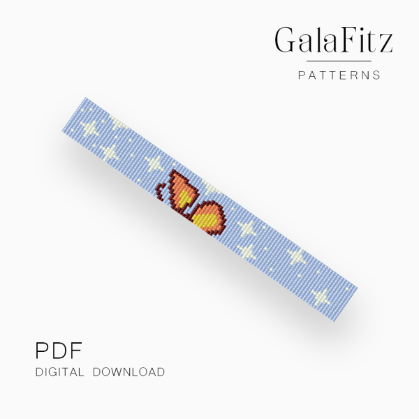 Orange butterfly loom bracelet pattern on a blue background with white stars