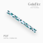 Teal and turquoise abstract shapes with black outlines on a white loom bracelet bead pattern