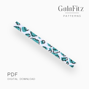 Teal and turquoise abstract shapes with black outlines on a white loom bracelet bead pattern