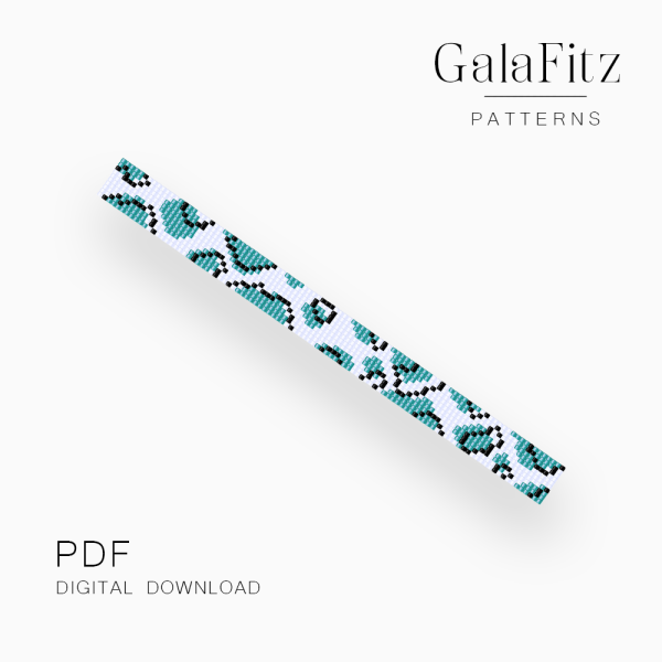 Teal and turquoise abstract shapes with black outlines on a white loom bracelet bead pattern