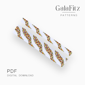 Colorful peyote bracelet pattern with repeating wavy bands in red, orange, yellow, turquoise, and dark accents.