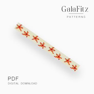 Cream peyote bracelet pattern with repeating orange starfish and small red accents along the band.