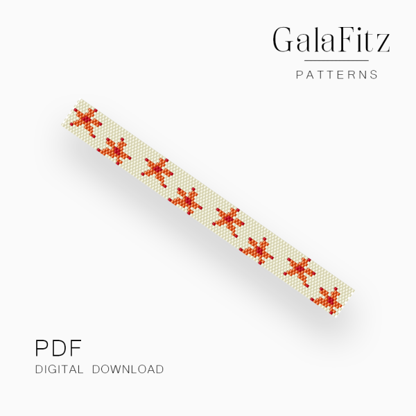 Cream peyote bracelet pattern with repeating orange starfish and small red accents along the band.
