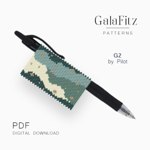 Modern camouflage even count peyote pen wrap pattern in muted blue, gray, cream, and beige for Pilot G2 pen.