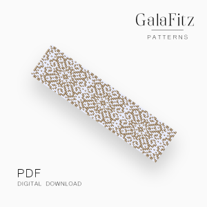 White and gold ornamental damask loom bracelet pattern with elegant filigree scroll design – digital PDF download