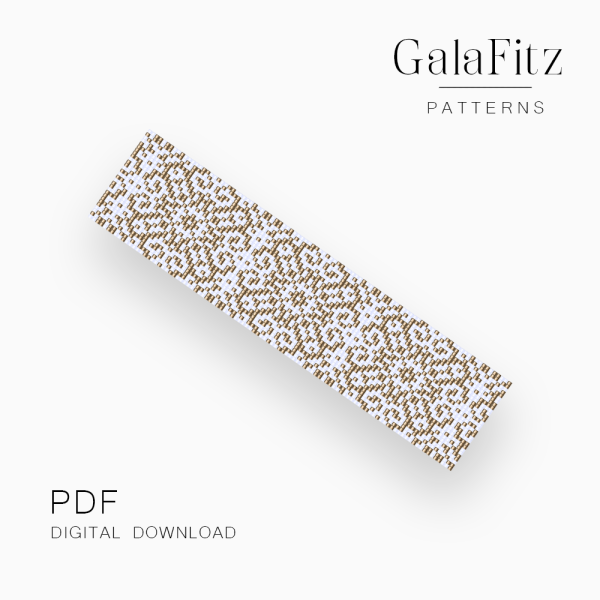 White and gold ornamental damask loom bracelet pattern with elegant filigree scroll design – digital PDF download