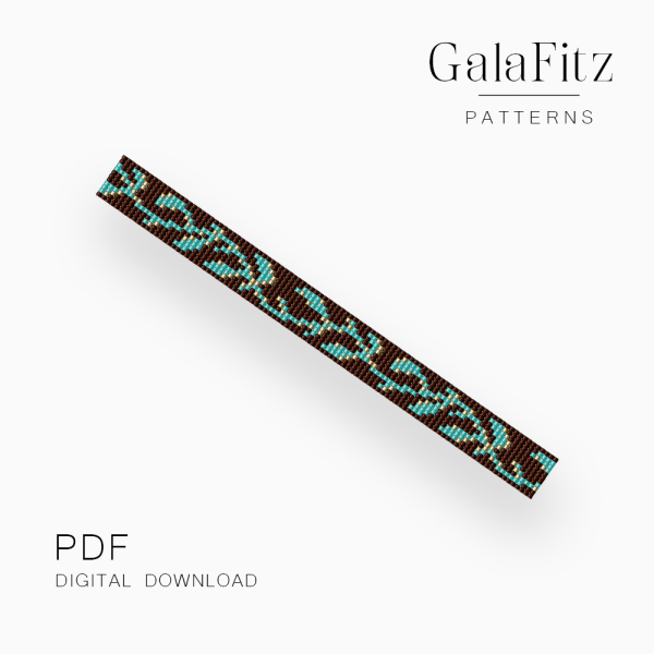 Turquoise leafy vine with small golden accents woven across a rich brown loom bracelet bead pattern