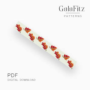 Red and yellow autumn leaves with brown details repeating across a soft cream loom bracelet bead pattern