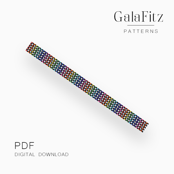 Black and white checkerboard bead pattern with bright rainbow colored accents on a loom bracelet design