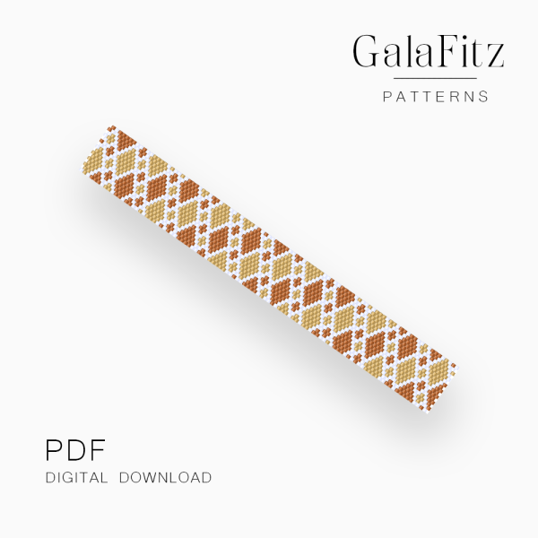 Muted yellow and terracotta peyote bracelet pattern with repeating rounded diamond motifs on a cream background.