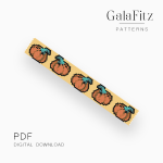 Pumpkin peyote bracelet pattern with repeating orange pumpkins on a muted yellow background.