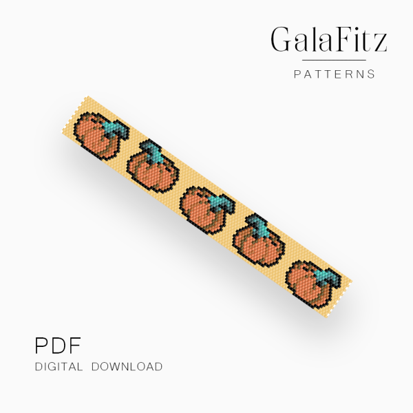 Pumpkin peyote bracelet pattern with repeating orange pumpkins on a muted yellow background.