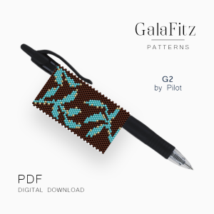 Turquoise bamboo leaves on a brown background, even count peyote pen wrap pattern for Pilot G2 pen.