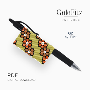Autumn floral even count peyote pen wrap pattern with orange and brown flowers on an olive background for Pilot G2.