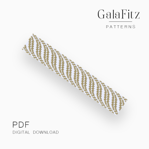 Gold and white loom bracelet pattern with a flowing symmetrical geometric design.