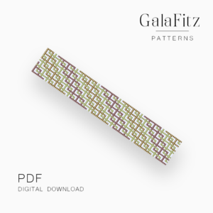 Interwoven geometric lines Loom bracelet pattern in matcha green, mocha brown, gold, and white.