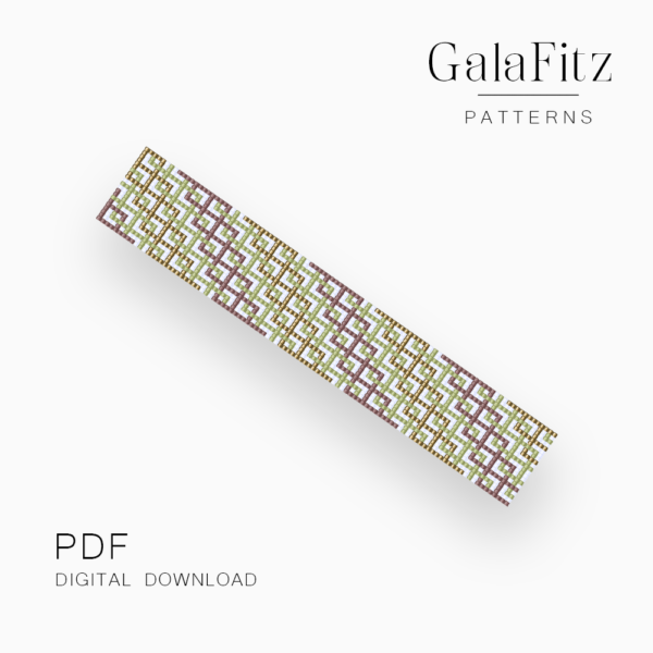 Interwoven geometric lines Loom bracelet pattern in matcha green, mocha brown, gold, and white.
