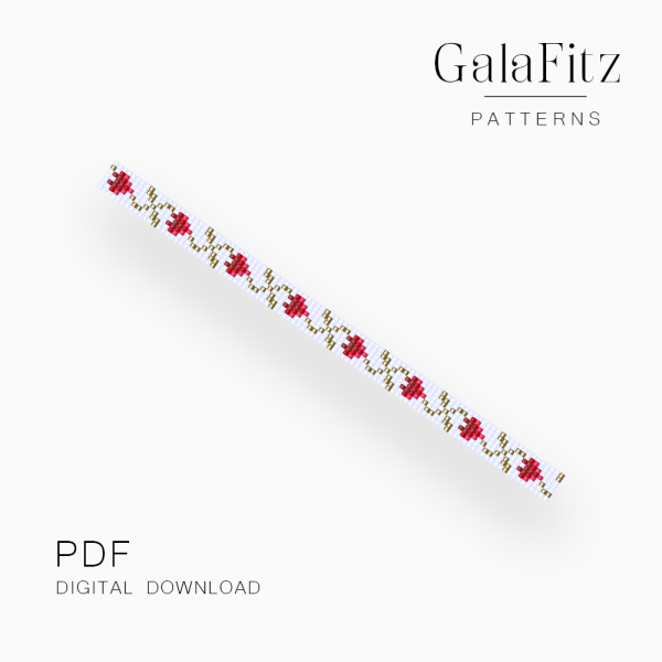 Heart Loom Bracelet Pattern with Golden Vine Motif, PDF