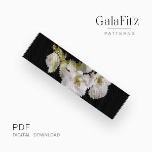 White orchid peyote bracelet pattern on black background, digital PDF download