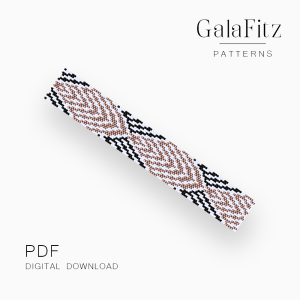 Rose gold ripple peyote bracelet pattern with black and white ornamental borders.