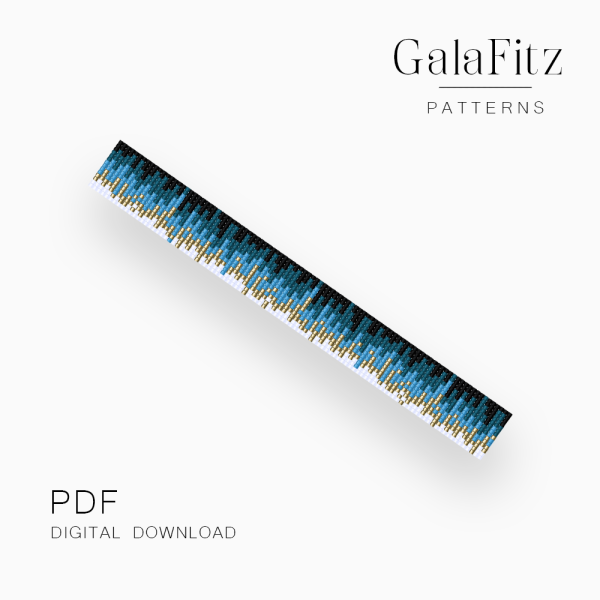 Blue, gold, white and black gradient loom bracelet pattern with a modern pixel-style color transition