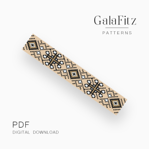 Geometric folk loom bracelet beading pattern in beige black and white PDF