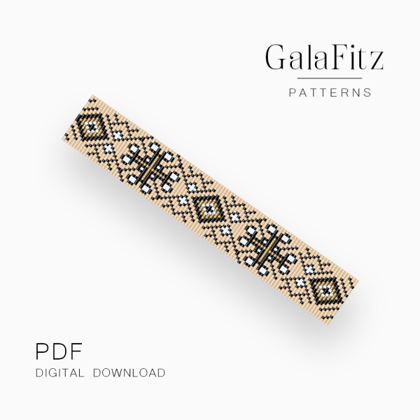 Geometric folk loom bracelet beading pattern in beige black and white PDF