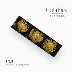 Golden fluffy flower peyote bracelet pattern with yellow, gold, and orange details on a black background