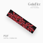Dense branch covered with small red leaves on a black background in a peyote bracelet pattern.